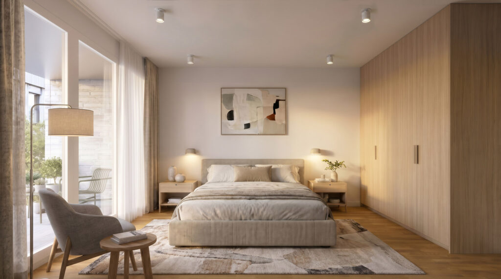 Heller Wohn- und Essbereich der Wohnung WHG A-0.1 in Haus A des Wohnprojekts Bleichstraße in Bielefeld mit offener Küche und Zugang zum Außenbereich.