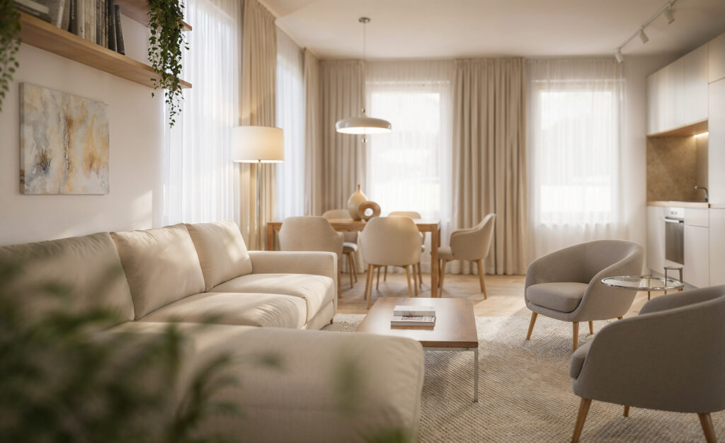 Heller Wohn- und Essbereich der Wohnung WHG A-0.6 in Haus A des Wohnprojekts Bleichstraße in Bielefeld mit offener Küche und großen Fenstern.