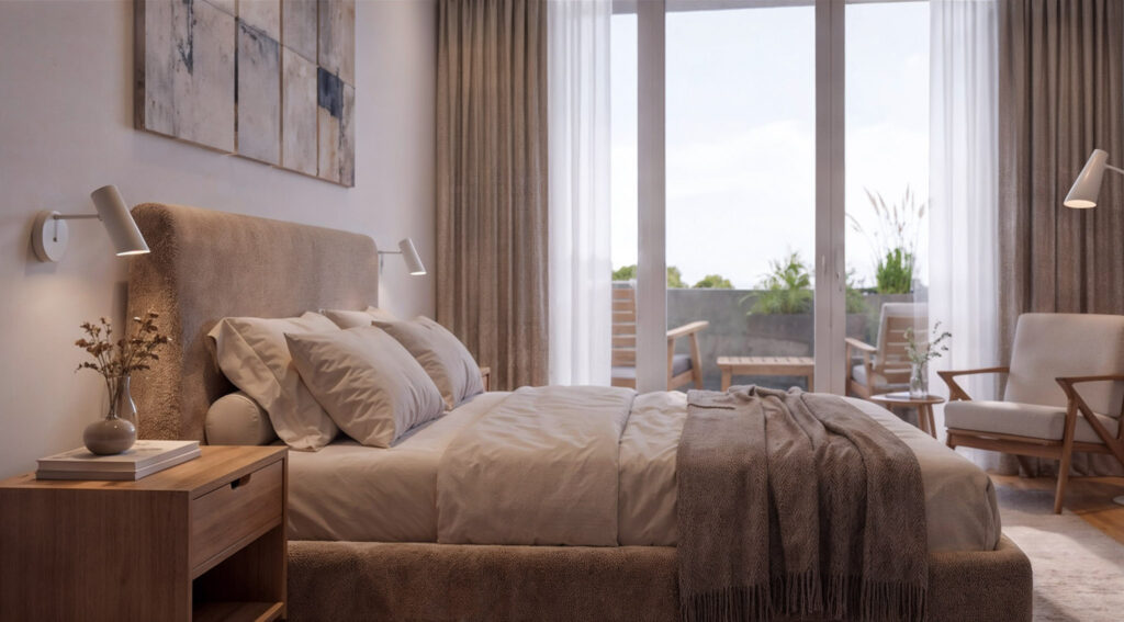 Schlafzimmer mit direktem Zugang zur Loggia im Wohnprojekt Bleichstraße in Bielefeld.