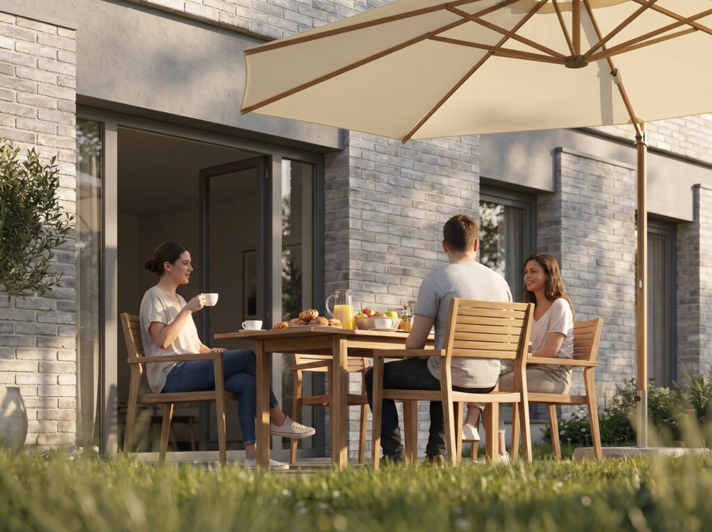 Bewohner genießen das Frühstück auf der Terrasse im Wohnprojekt Bleichstraße in Bielefeld.
